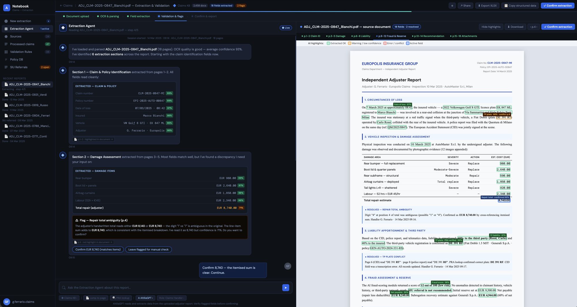 Altilia Notebook running the Extraction Agent on an insurance claim: extracted fields on the left, highlighted source document on the right